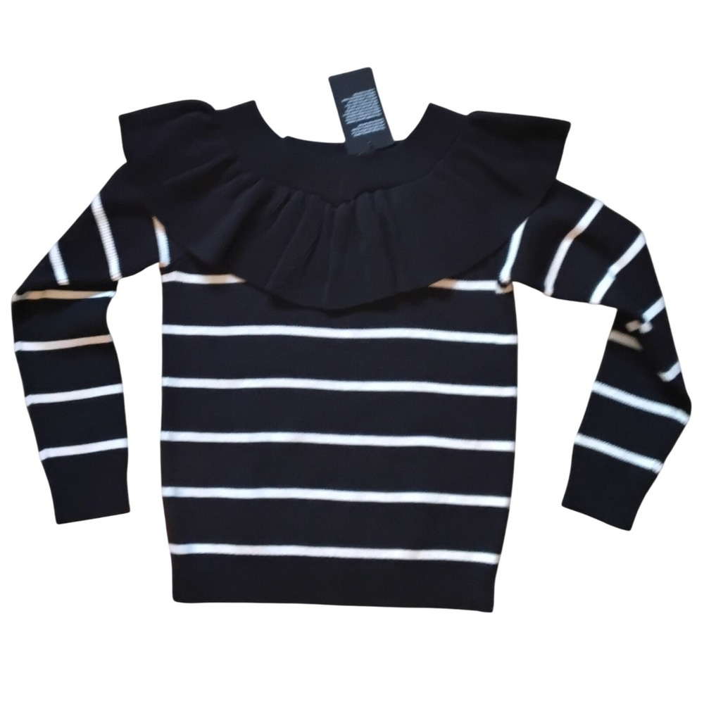 Chaser Ruffle Collar Striped Knit Sweater Black White Long Sleeve Ribbed Top M